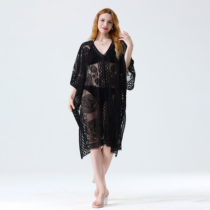 Swim Cover Up Lace White Beach Dress Sexy Long Cover up Woman Swimwear Bikini Tunic Long Pareos Robe Beachwear Outfit