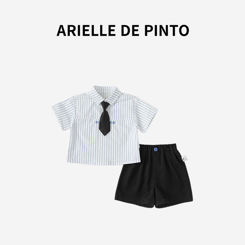 French Arielle De Pinto Boys  Summer Fashion College-Style Tie Striped Shirt Two-Piece Set Stripes+Black 140