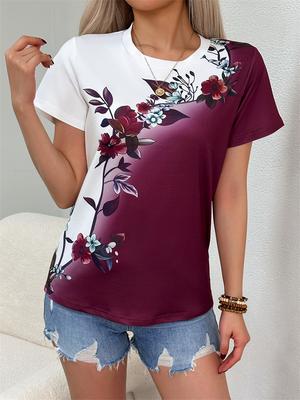 Ny avslappnad damblus med korta ärmar, rundhalsad blus med blommigt tryck, mode T-shirt med korta ärmar, damkläder