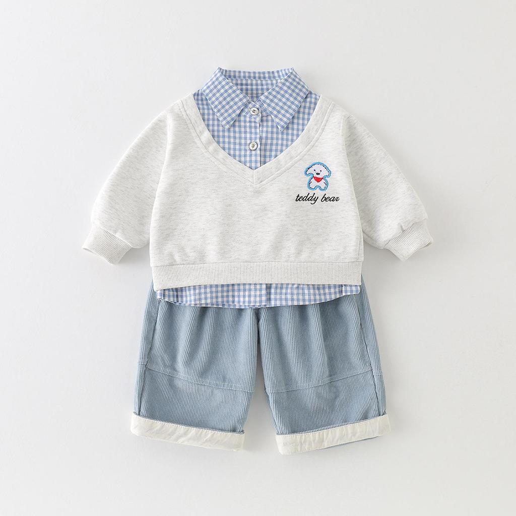 2026 New Boys' and Girls' Plaid Patchwork Two-Piece Hoodie Set for Spring and Autumn