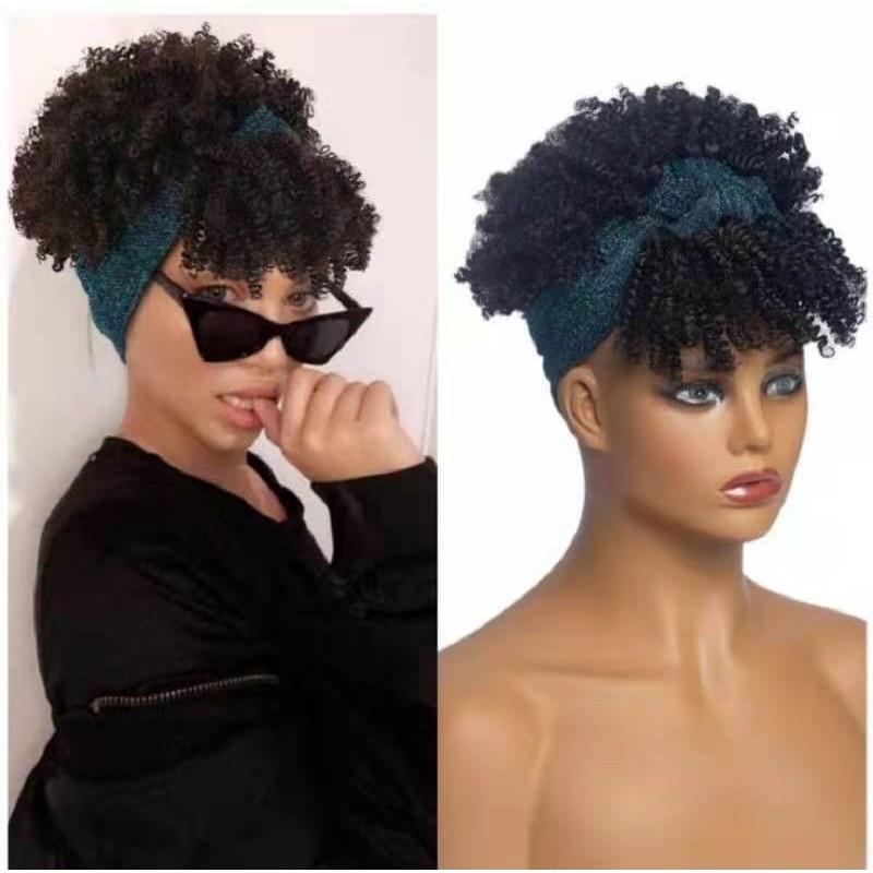 Short Kinky Curly Headband Wig Ombre Afro Curly Wig with Head Band Synthetic Scarf Wigs for Women Cosplay Hair High Temperature