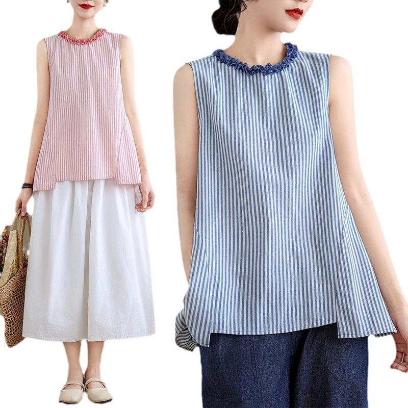 Summer Art Retro Loose Striped Sleeveless Shirt Top for Women Blouses & Shirts