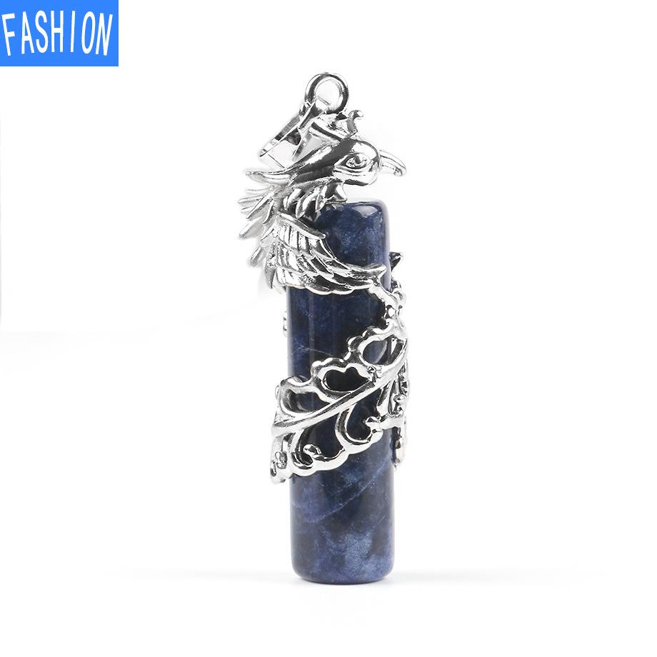 Creative Mascot Wrapped Natural Stone Cylindrical Pendant And Pink Crystal Necklace