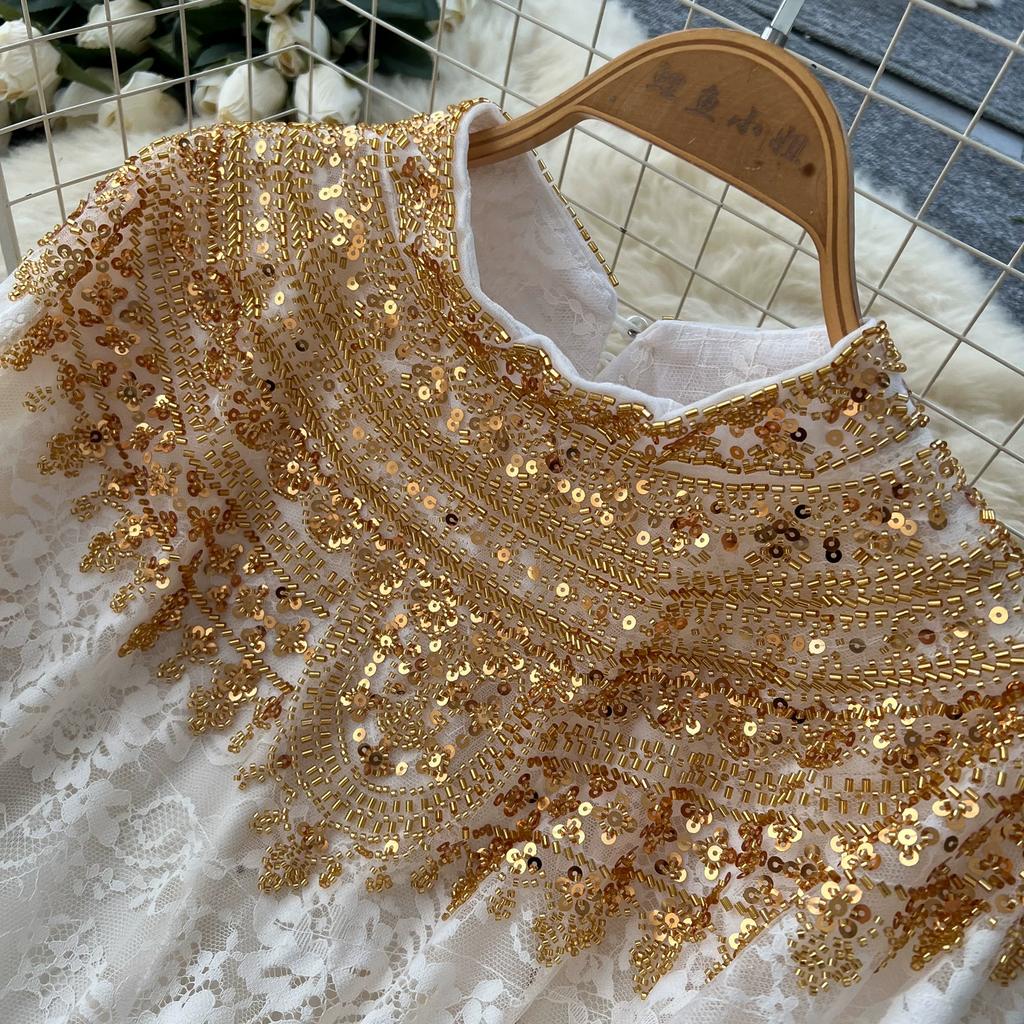 Nuovi Completi Vestito in Pizzo Ricamato con Perline e Paillettes Autunnali per Donna Autunno Vintage Manica a Mantella Collo Tondo Lungo Maxi Abito Robe Musulmane