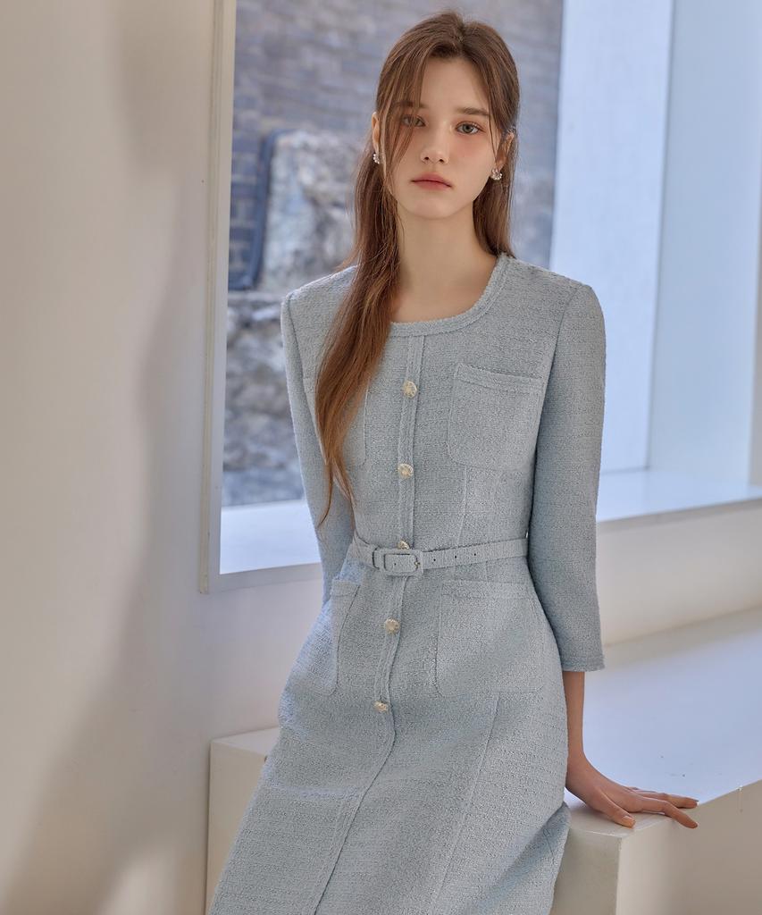 Julie And Kara 26Ss Calla136 Shebigins Bella Tweed Dress Sky Blue