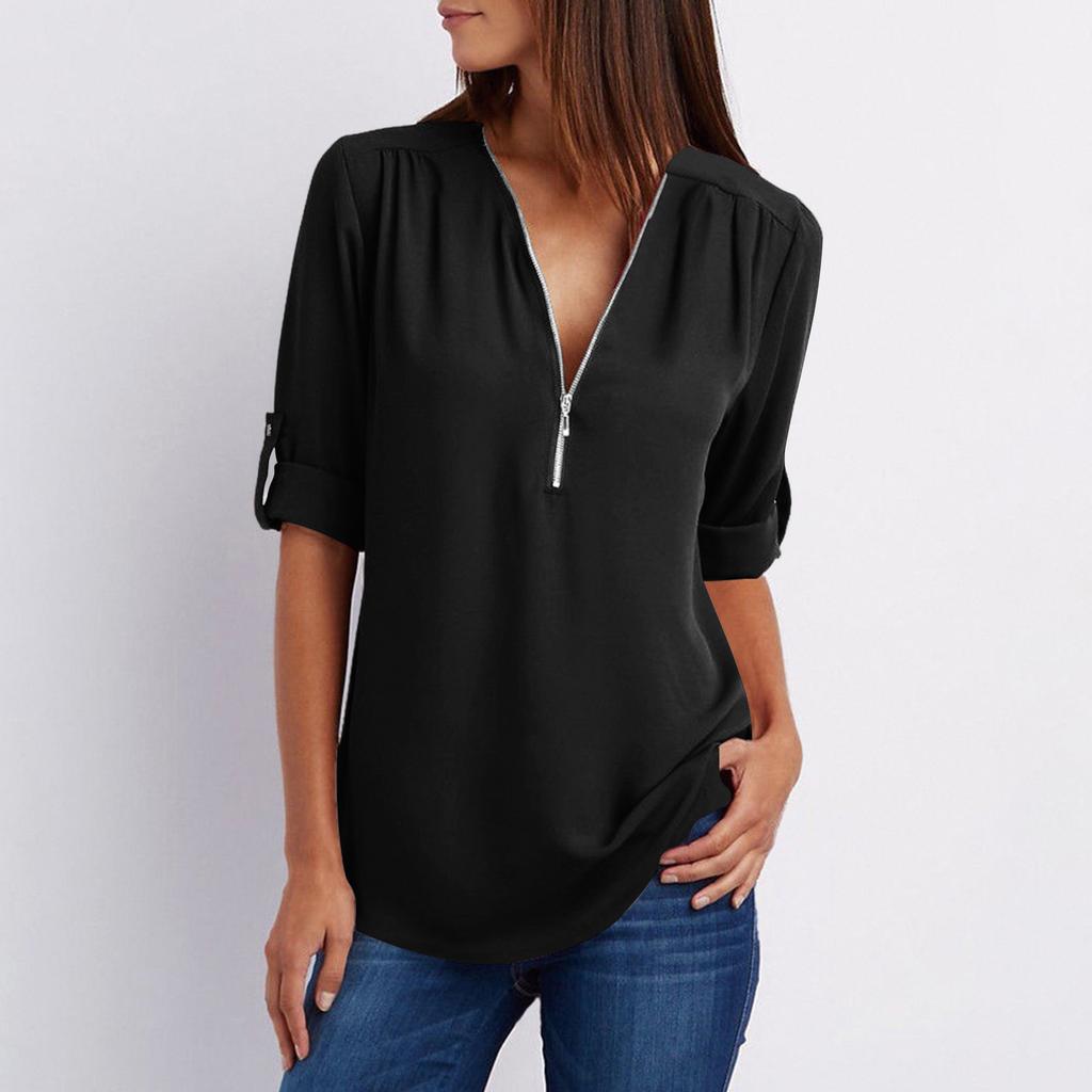 Women's Color Casual Fashion V-neck Zipper Long Sleeved Loose Chiffon Top With Adjustable Sleeves