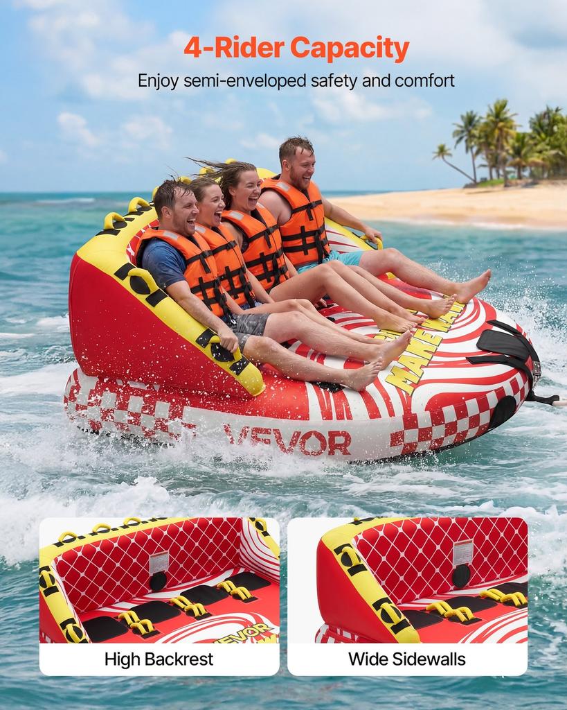 Towable Tubes for Boating, 4-Rider Inflatable Towable Tube for Boat to Pull, 308 kg Capacity Water Sports Boating Tubes - with Full Nylon Cover, Dual