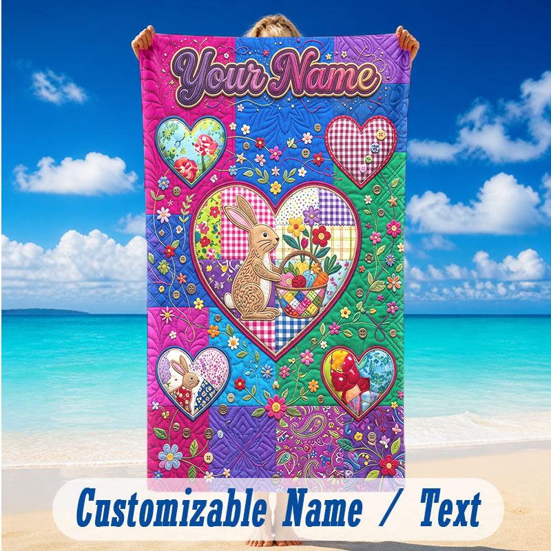 Easter Bunny Theme Beach Towel Personalized Custom Name & Text Soft Quick Dry Beach Towel for Swimming Travel