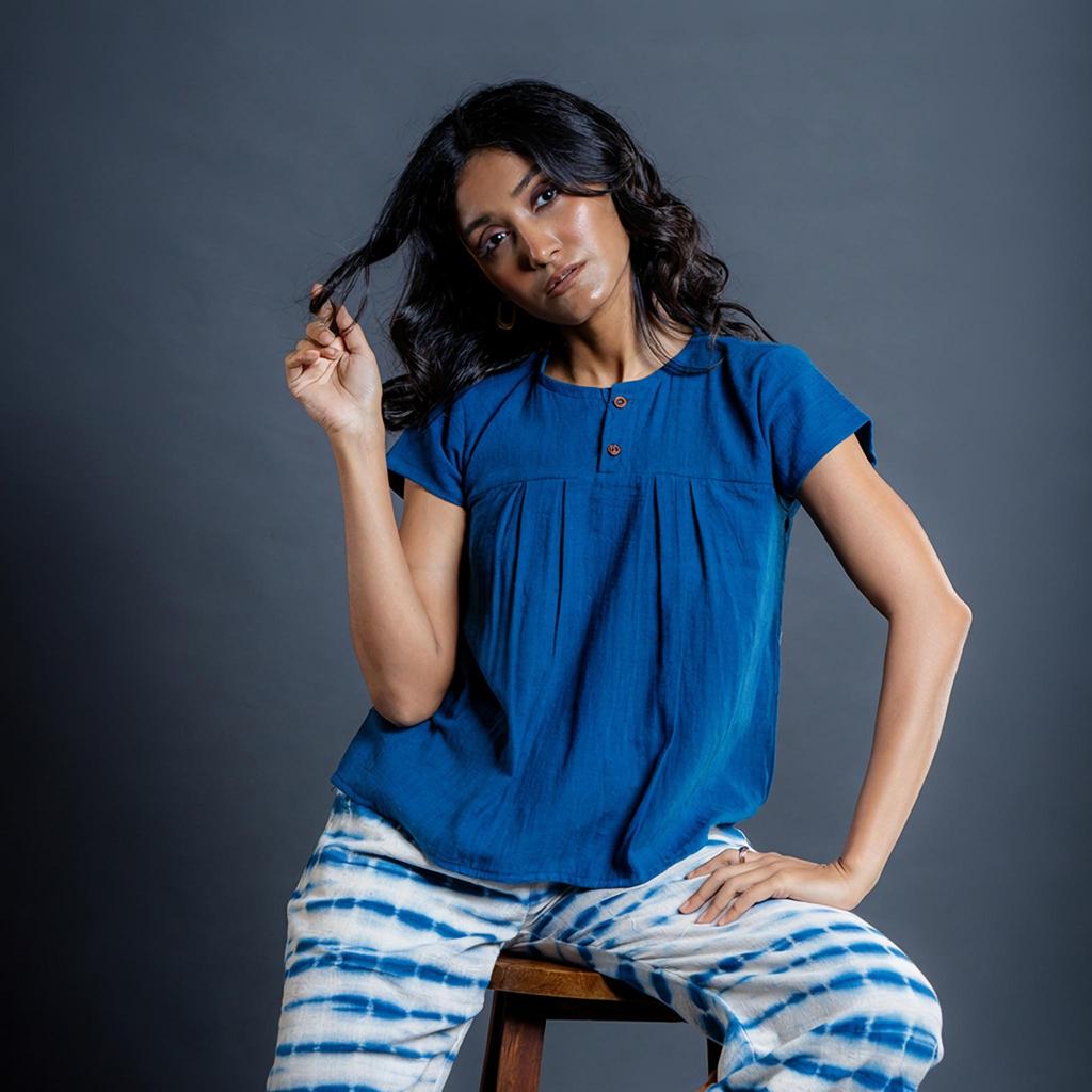 Women’s Indigo Cotton Crop Top Casual Loose Fit Summer Blouse Short Sleeve Top for Daily Wear Travel
