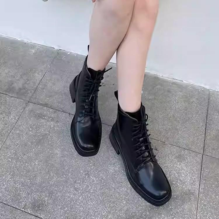 6 heightening cm fried street black Martin boots women's 2025 new autumn and winter British style soft leather square head high-heeled short boots