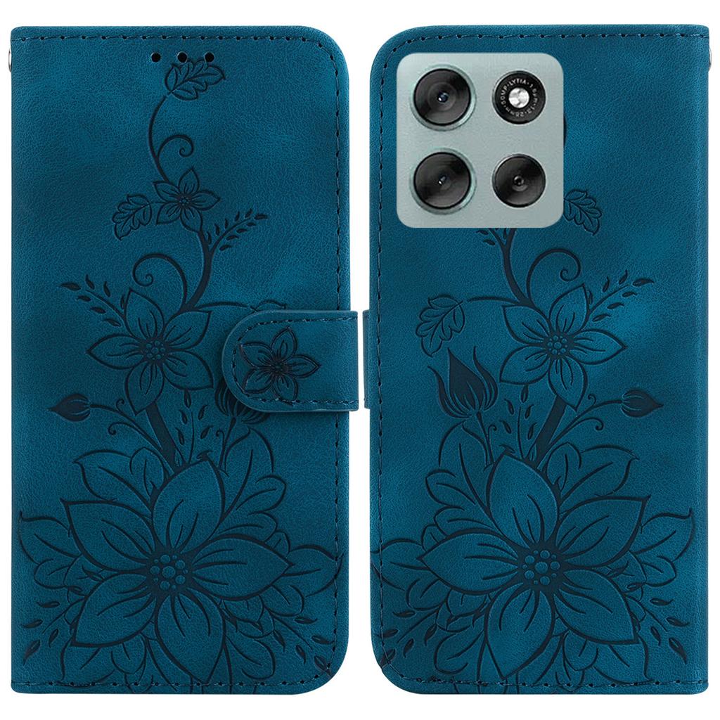 For Motorola Moto G56 5G Stand Case Lily Flower Imprint Leather Phone Cover with Wrist Strap