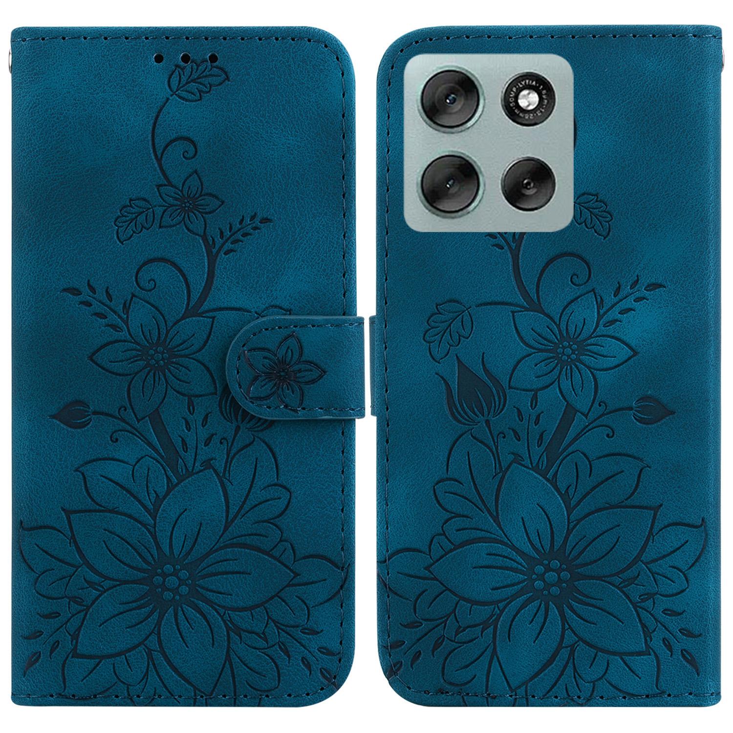 

For Motorola Moto G56 5G Stand Case Lily Flower Imprint Leather Phone Cover with Wrist Strap Dark Blue
