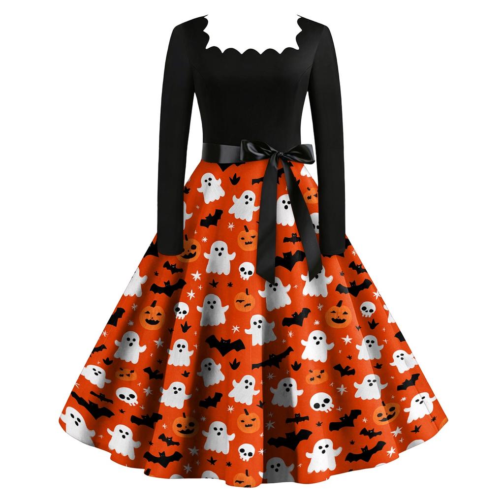 Women's Vintage Long Sleeve Square Neck Halloween Print Party Dress with Flared Skirt and Waist Tie for Evening Events