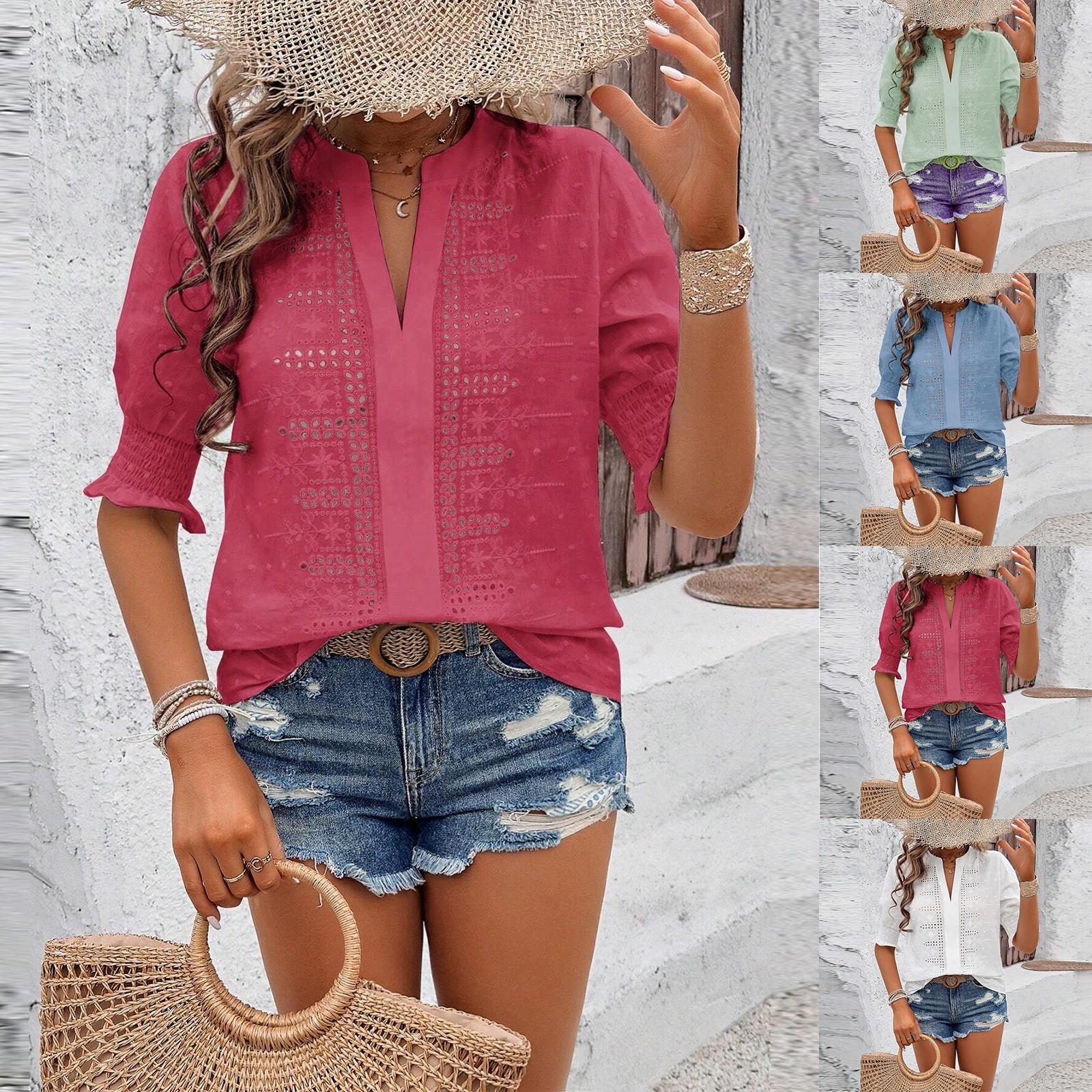 

Ladies Casual Solid Color V-Neck Puff Sleeves Mid Sleeves Hollow Lace T-Shirt M зелений