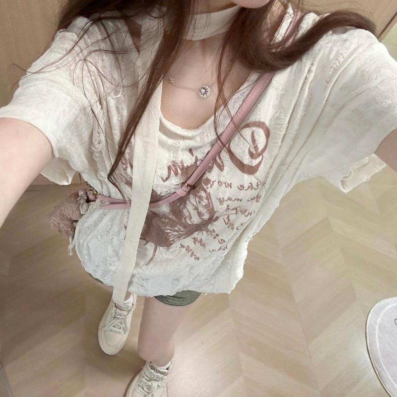 Butterfly Print Drawstring Design Women's Short Sleeved T-shirt Summer Slimming Ladies Tees Korean V-neck Loose Top