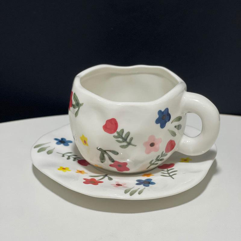 Underglaze Hand-Painted Flower Ceramic Cup And Saucer Girl Heart Handmade Irregular Coffee Afternoon Tea Cup And Saucer Set 301-400ml белый