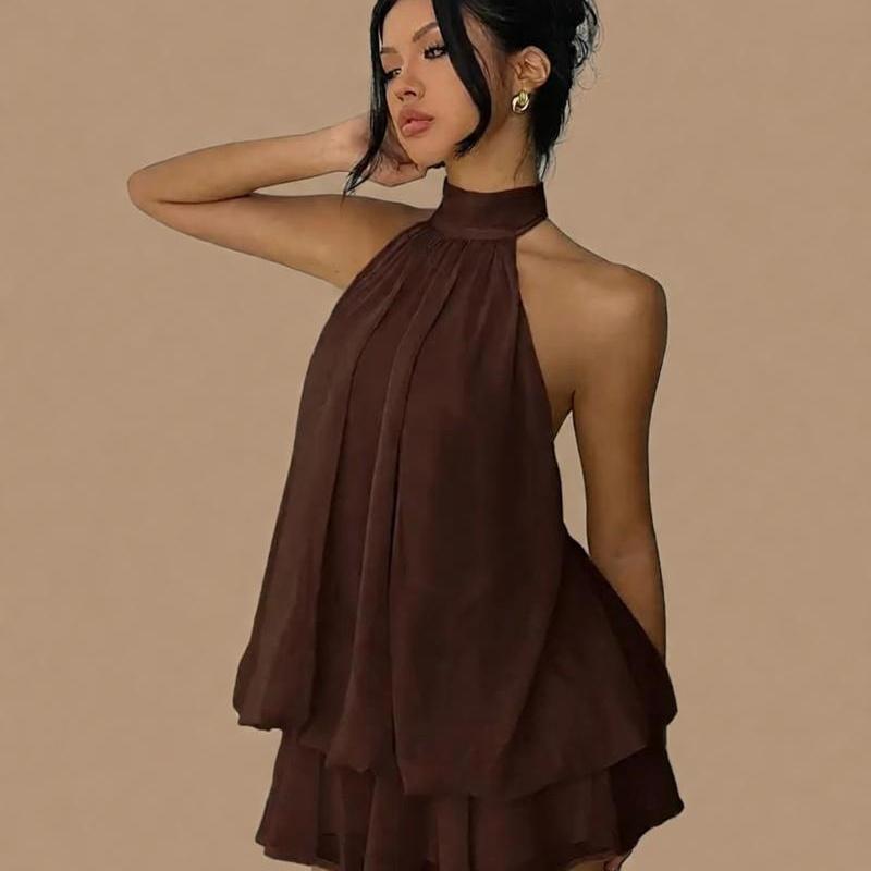 

European Style Vacation Maxi Dress Chiffon Mini Skirt Summer Sexy XS коричневий