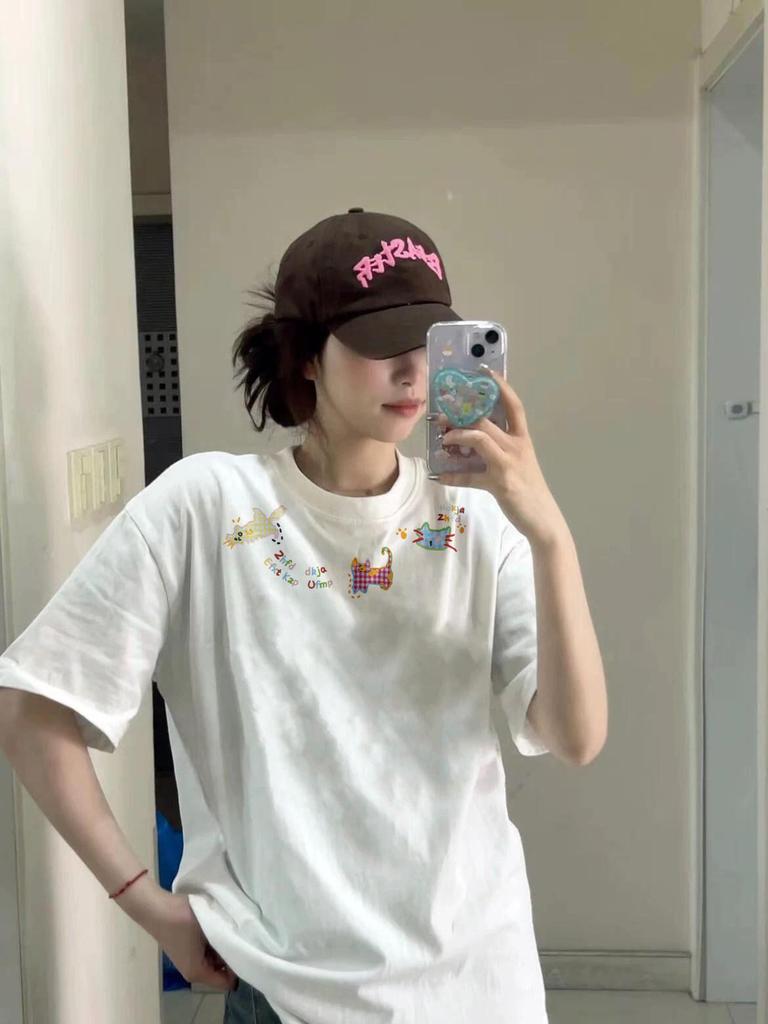 Women's Plus Size Retro Cartoon Short Sleeve T-shirt - American Summer Loose Fit, Petite Design Top