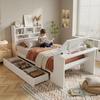 Kinderbed met Opbergruimte, Frame met Hoofdbordplank, Uittrekbare Lade, Verstelbare Klaptafel, Lade Montage, Witte Houtkleur, 90x200cm