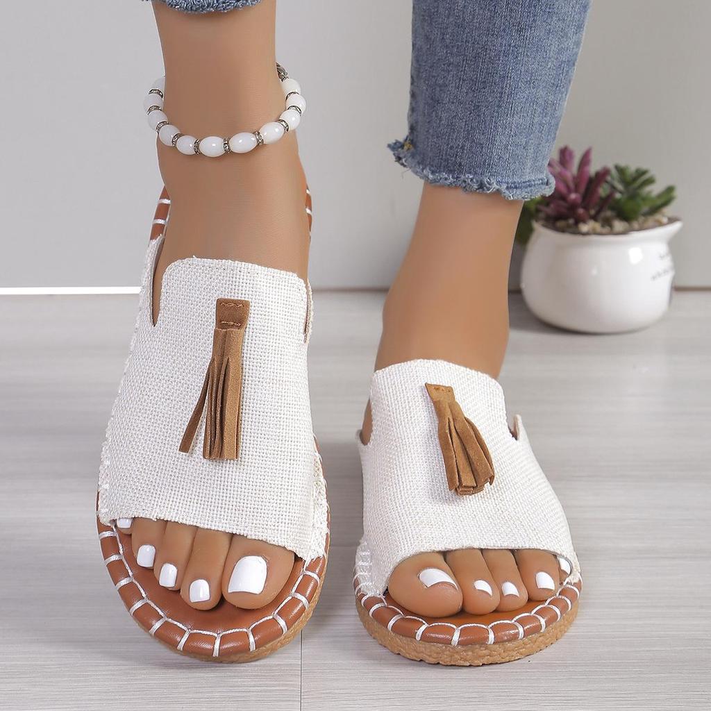 Damen Quasten-Dekor Pantoletten Lässige Slipper Flache Sommerschuhe Leichte Pantoletten