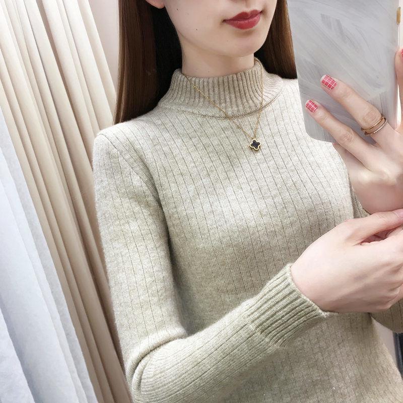 Women's Fleece-Lined Semi-High Neck Knit Sweater - Slim Fit, Solid Color, Perfect for Autumn/Winter.