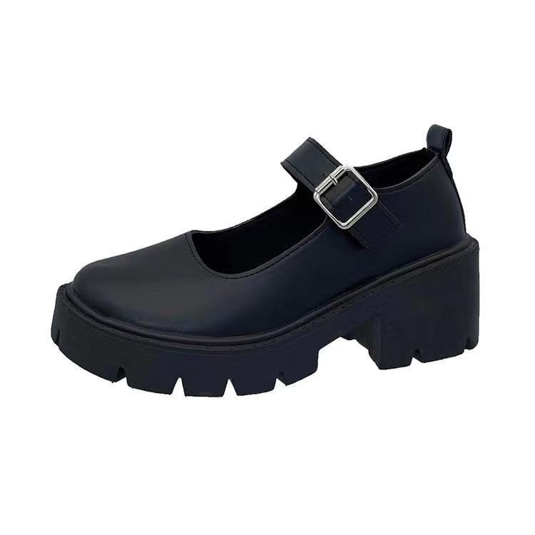 Small leather shoes women's spring new British college style bright leather high heels single shoes round head platform Mary Jane shoes women
