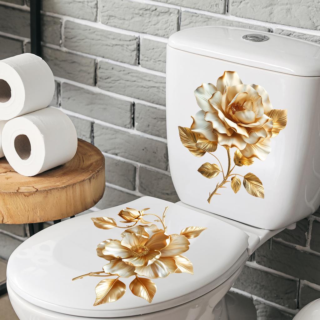 1 Sheet Beautiful Golden Flower Toilet Sticker Bathroom Toilet Cover Decorative Sticker Waterproof Self Adhesive