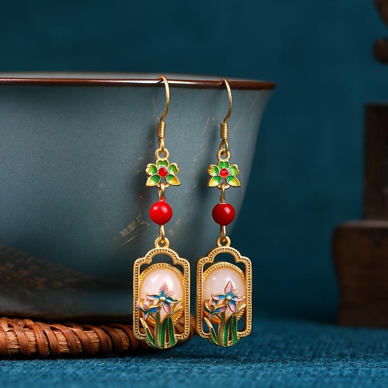 1 Pair Vintage Tribal Style 24K Golden Plated Copper Enamel Floral Dangle Earrings with Red Rose & Cherry Blossom Design, Glass Mosaic, 925 Sterling S