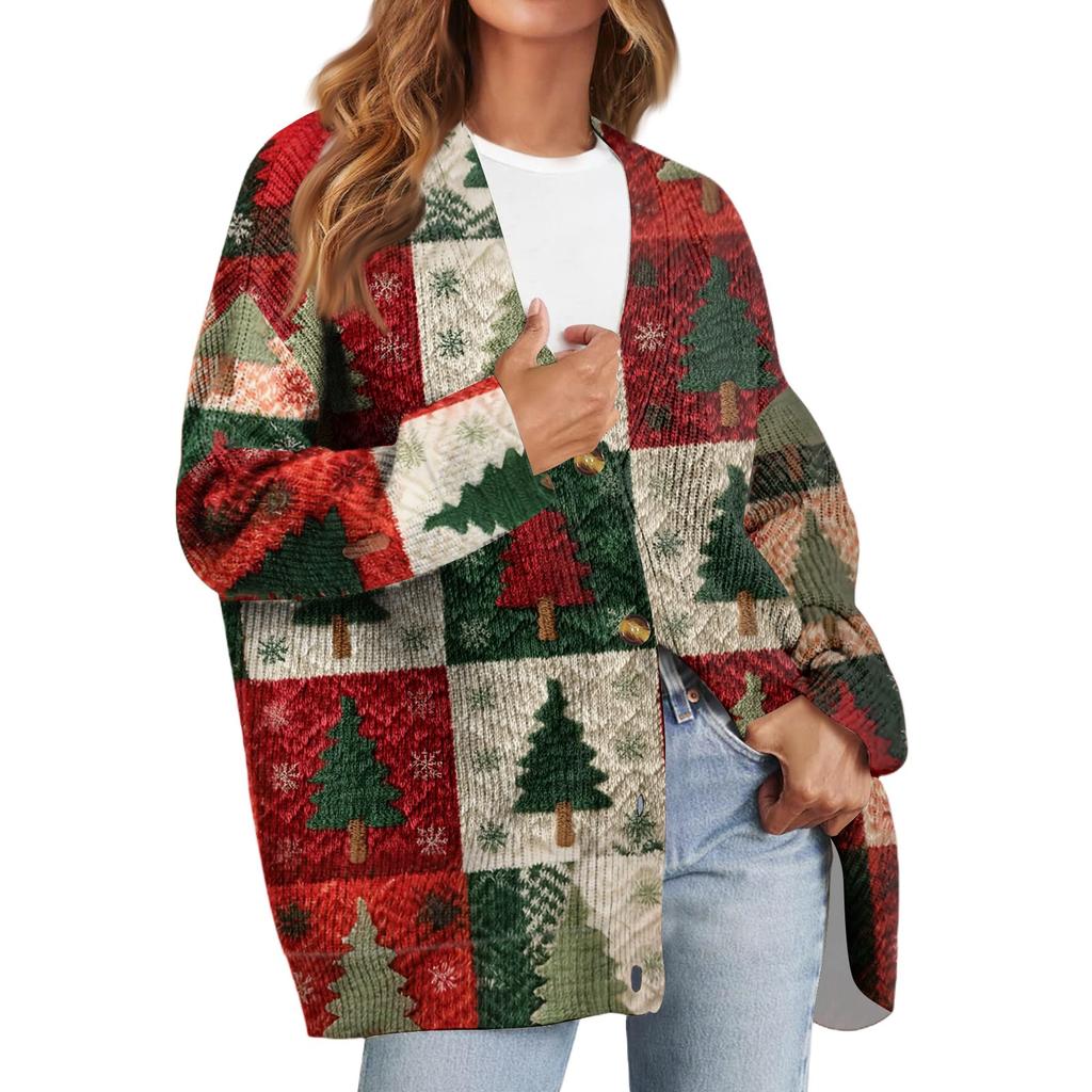Women's Fashion Long Sleeve Christmas Print V-Neck Button Loose Cardigan Top