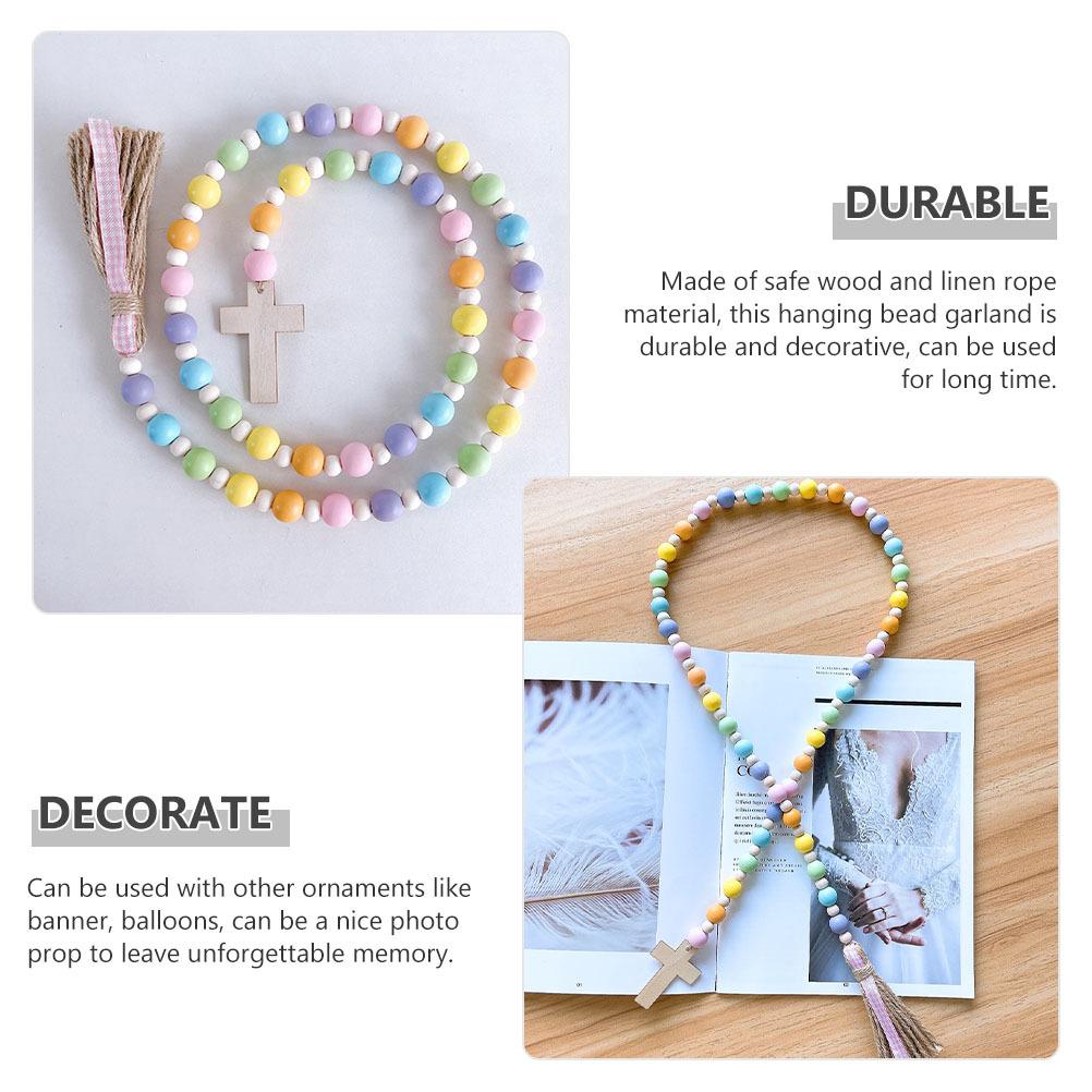 Easter Wooden Beaded Garland with Tassels and Cross Pendant Lightweight Linen Rope String Decoration for Wall Door Shelf