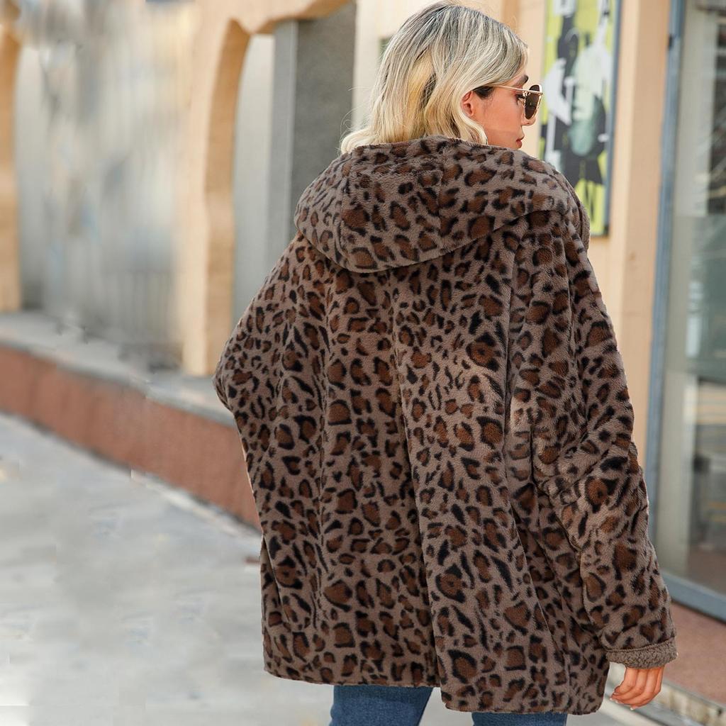 Cappotto invernale da donna in pile sherpa leopardato con cucitura, giacca casual con cappuccio, morbido e caldo, cardigan aperto sul davanti, capispalla con tasca