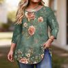 Women's Fashionable Casual Floral Print Plus Size Three-Quarter Sleeve Round Neck Top With Curved.