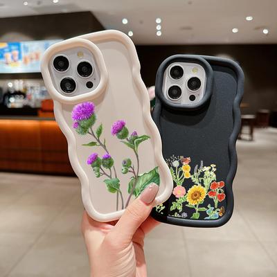 N75 Butterflies Flowers Macaron Wavy Edge Phone Cases for iPhone 15 Pro Max Samsung A54 A14 S23 S24 S23 Ultra S21 Redmi Note 13 Pro Shockproof Cover