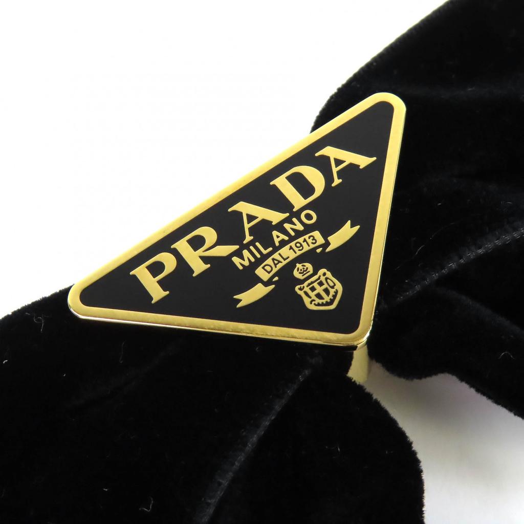 Great PRADA Triangle Logo Triangle Plate Velvet Ribbon Barrette black 1IF154 Used