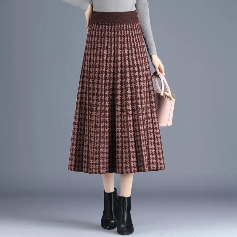 Ethnic Style Houndstooth Knitted Big Swing Skirt Women's Mid-length Autumn and Winter Pleated A-line Woolen Skirt
