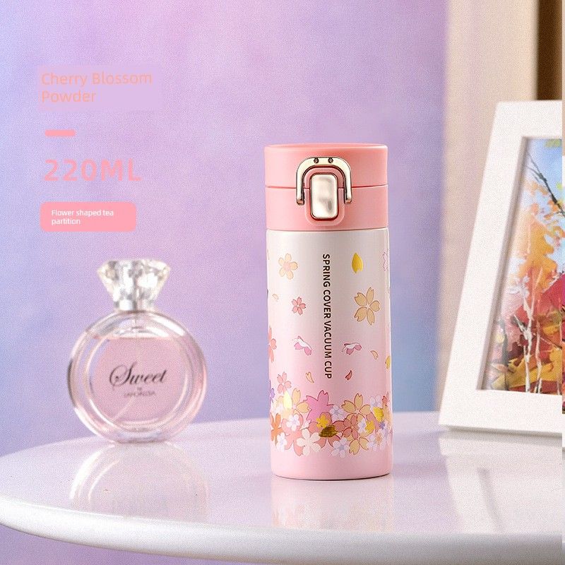 

High-Appearance-Value 304 Large-Capacity Thermos Cup for Female Students, Portable Cherry Blossom Series Tea Cup, Gift Pop-Up Lid Portable Cup 450ml Sakura Powder 220ml [304 Liner]