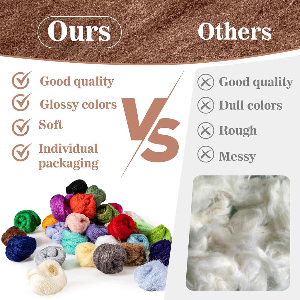 40pcs Felting Wool Roving - Core Wool Roving Bulk Spinning DIY Craft Mix Color Needlework Craft 3g/Color