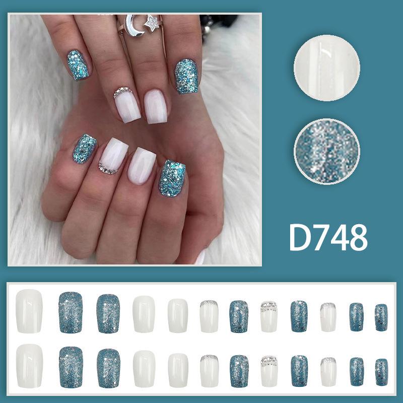 European/American Sparkle Blue Glitter Rhinestone White Square Nails - Fashionable and Wearable