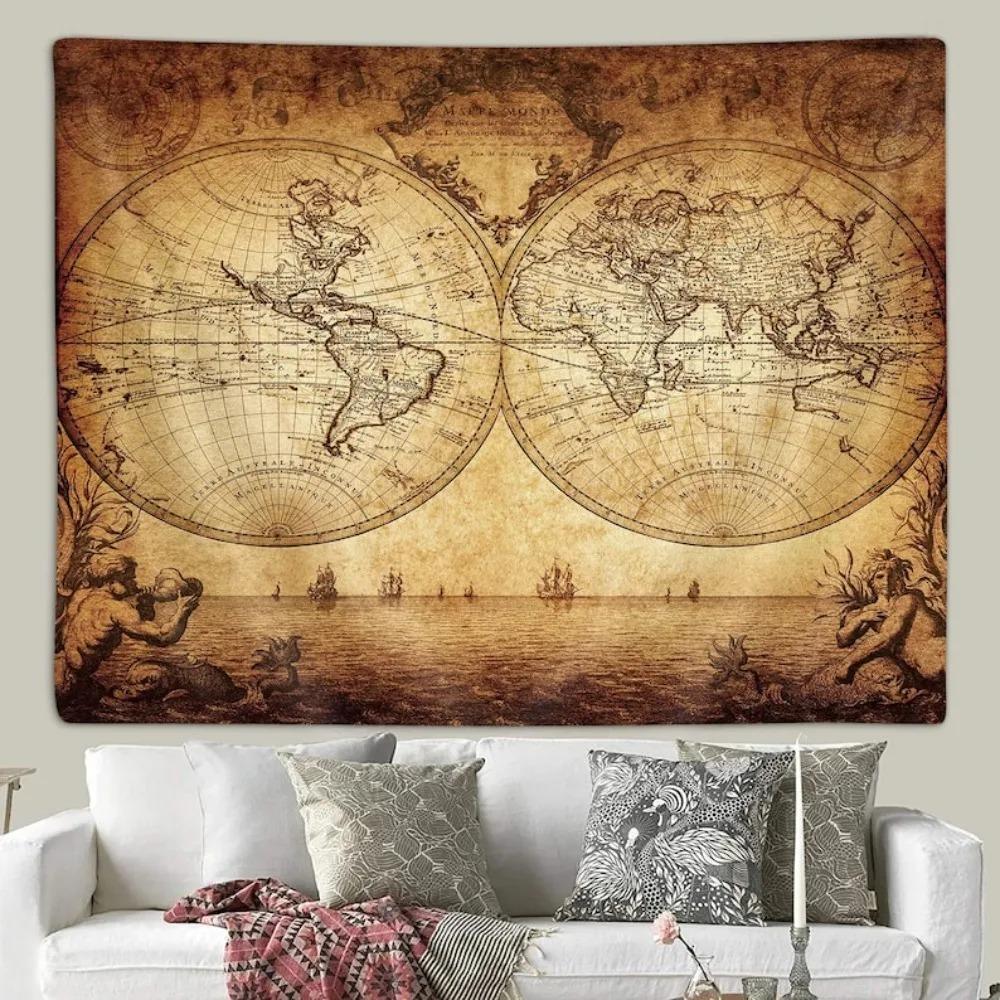 Vintage World Map Tapestry Antique Double Hemisphere Nautical Print Retro Wall Hanging for Living Room  Study