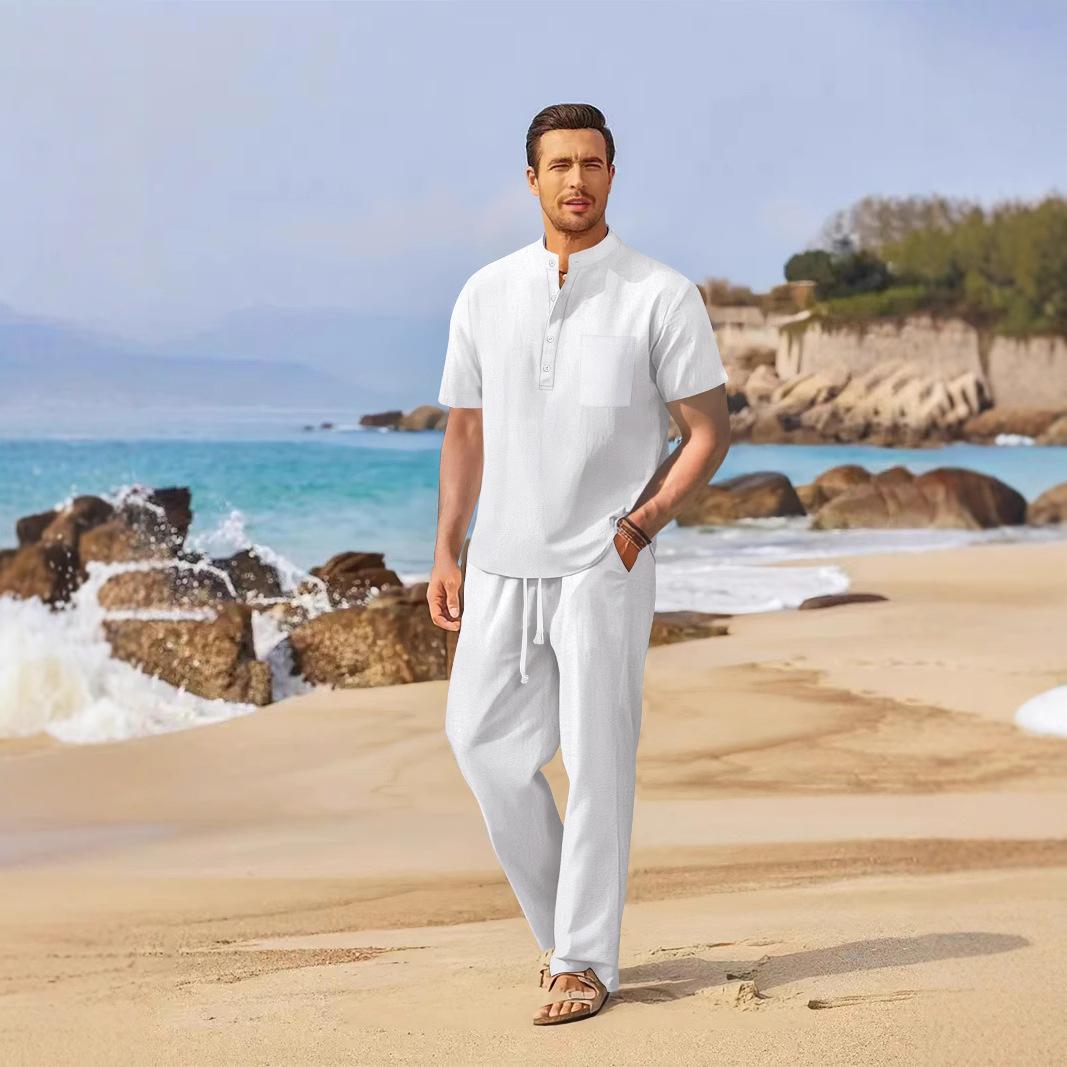 Spring and summer new men s clothing men s loose casual cotton and linen short-sleeved trousers suit S