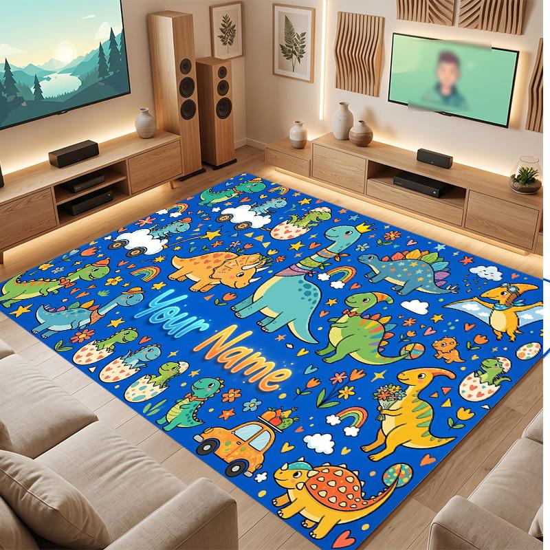 Dinosaur Theme Soft Crystal Velvet Rug Custom Name & Text Print Non Slip Floor Rug for Bedroom Living Room