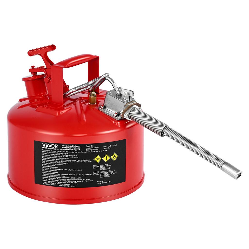 VEVOR Safety Gas Can, 9.5 L Type II Red Safety Can for Gasoline with Stainless Steel Flame Arrester, Self-Closing Lid, and Flexible Metal Spout