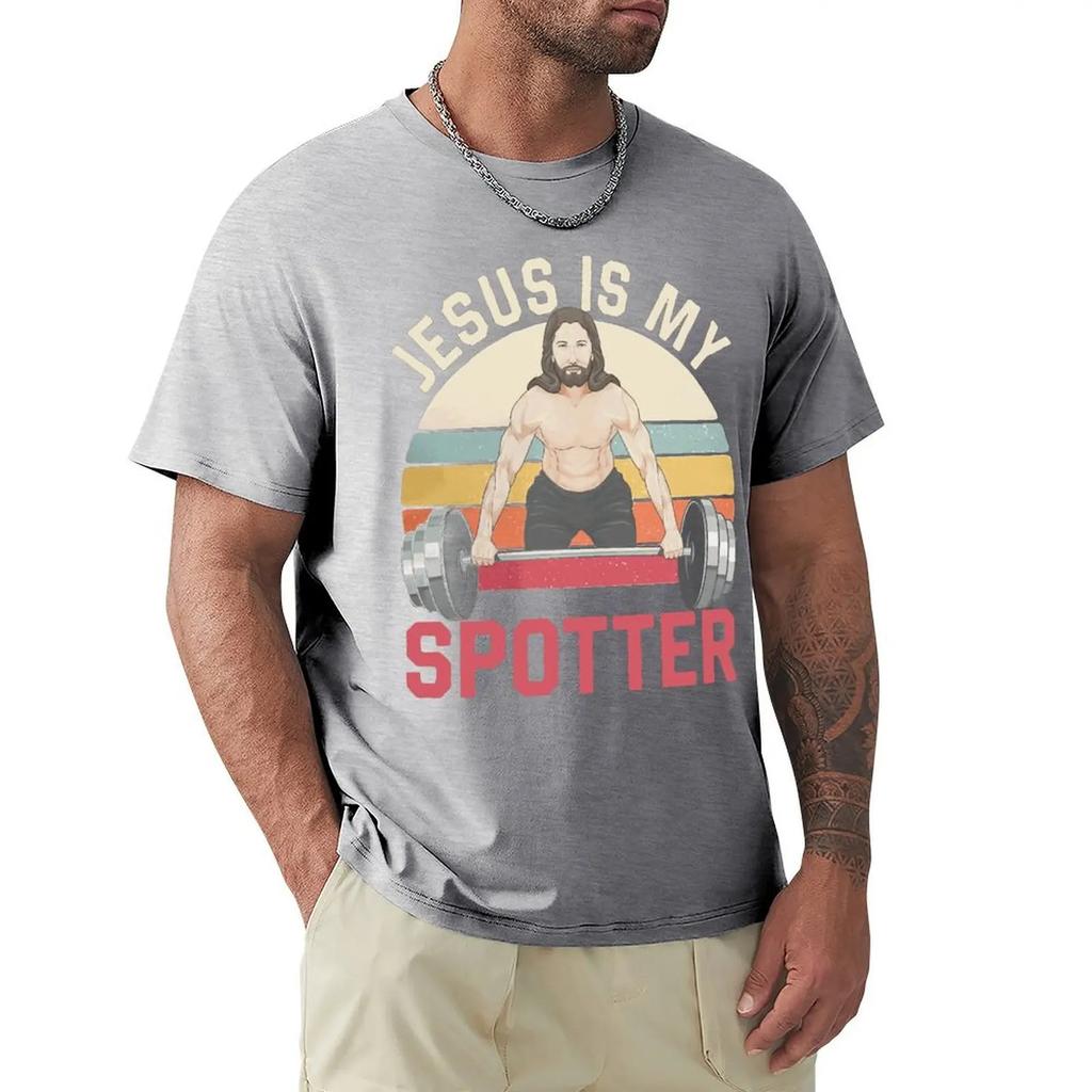 Męska koszulka Jezus jest moim spotterem śmieszna chrześcijańska siłownia podnoszenie ciężarów vintage 100% bawełna koszulka fitness koszulki odzież pomysł na prezent