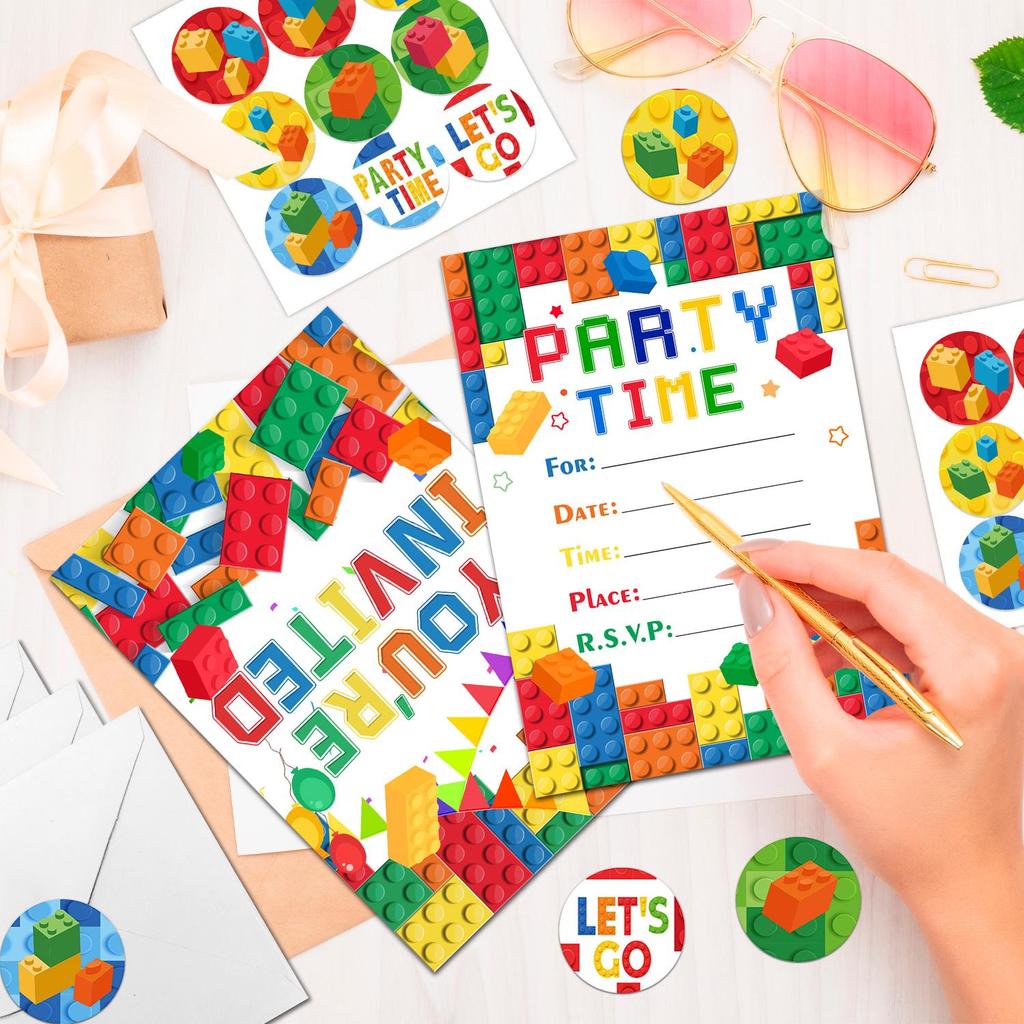 Building Blocks Birthday Party Invitations, Brick Party Invitation Card Building Birthday Invites with Stickers Envelopes Birthday Invites