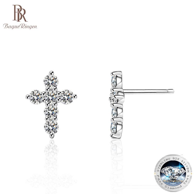 Bague Ringen S925 Stříbrné diamantové náušnice Mosan Dámské nádherné náušnice s geometrickým křížem