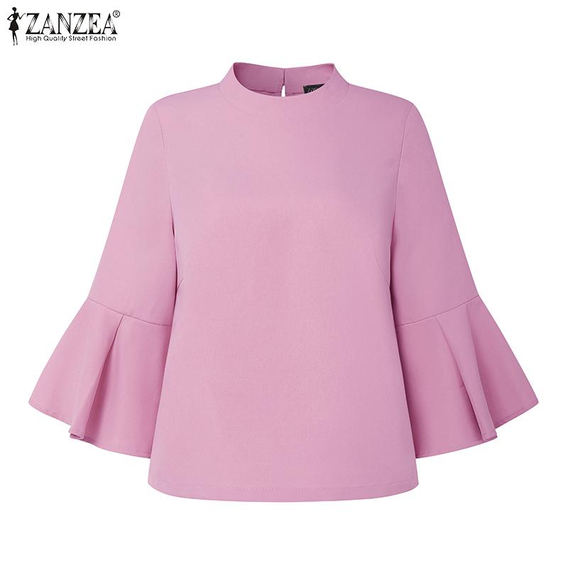 ZANZEA Women Casual Round Neck Loose Ruffles 3/4 Sleeve Plain Blouse