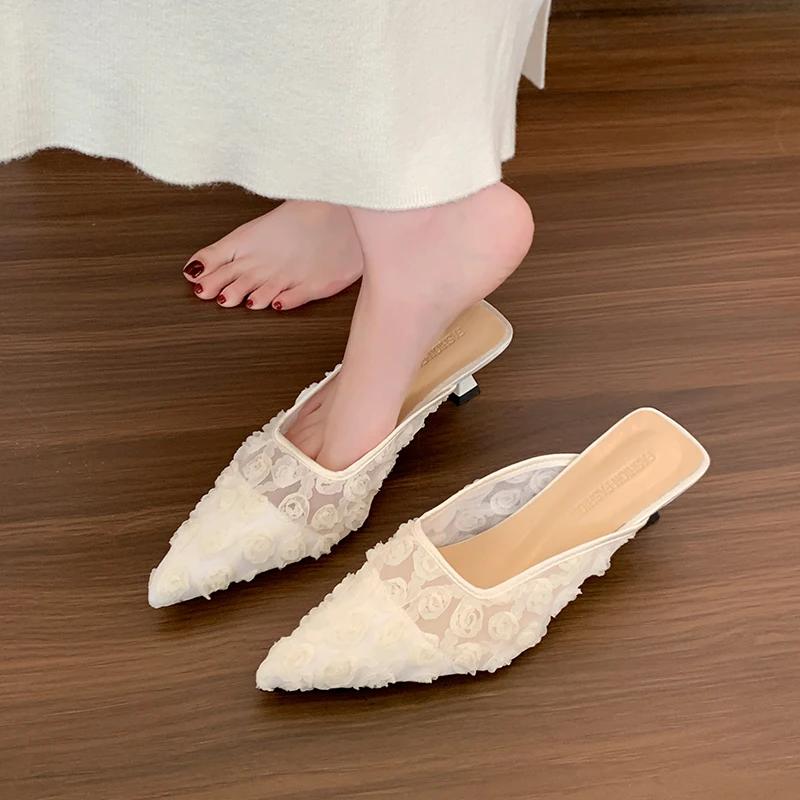 Fashion Flower Women Slippers Fashion Pointed Toe Heeled Sandals Lace Mules Shoes Slingback Elegant Summer Dress 2025 New Mujer Zapatos