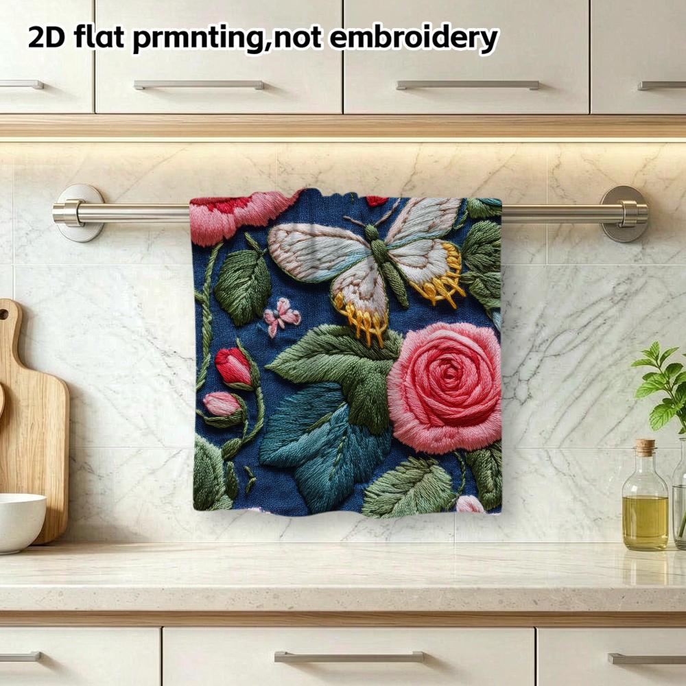 Dark Blue Rose And Moth Embroidery Towel, Soft Absorbent Quick-Dry Retro Botanical Shower Bath Towel