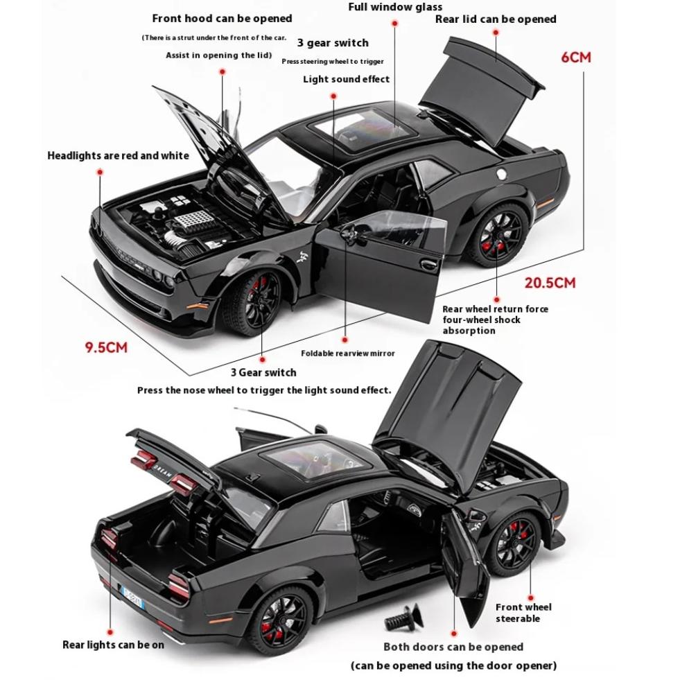 1/24 Scale Dodge Challenger Hellcat Redeye Alloy Car Model Sound and Light Children Toy Birthday Gift Miniature Voiture