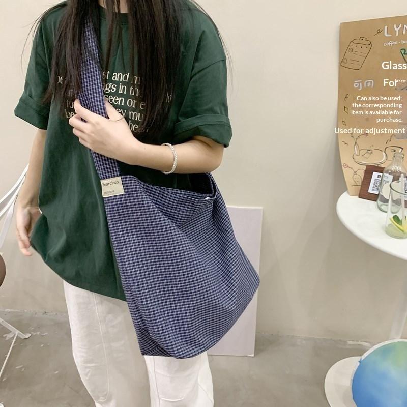Plaid Canvas Shoulder Tote Bag Large Capacity Soft Fabric Perfect For Daily Commuting School Shopping